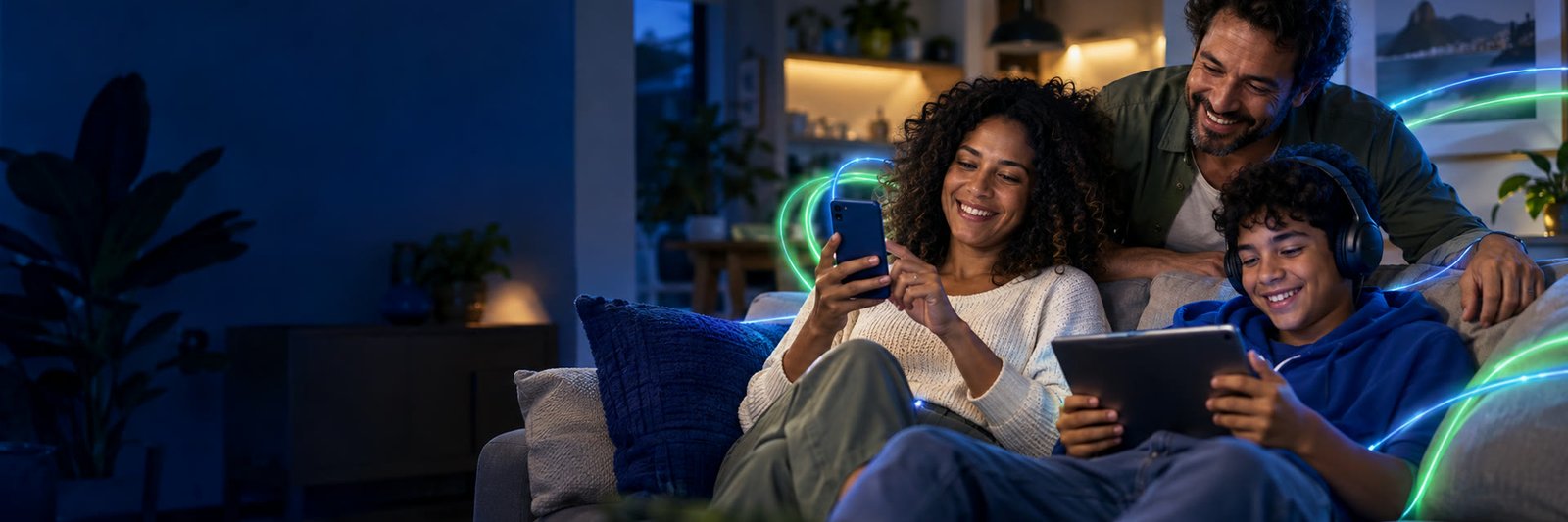 Família aproveitando a internet em casa